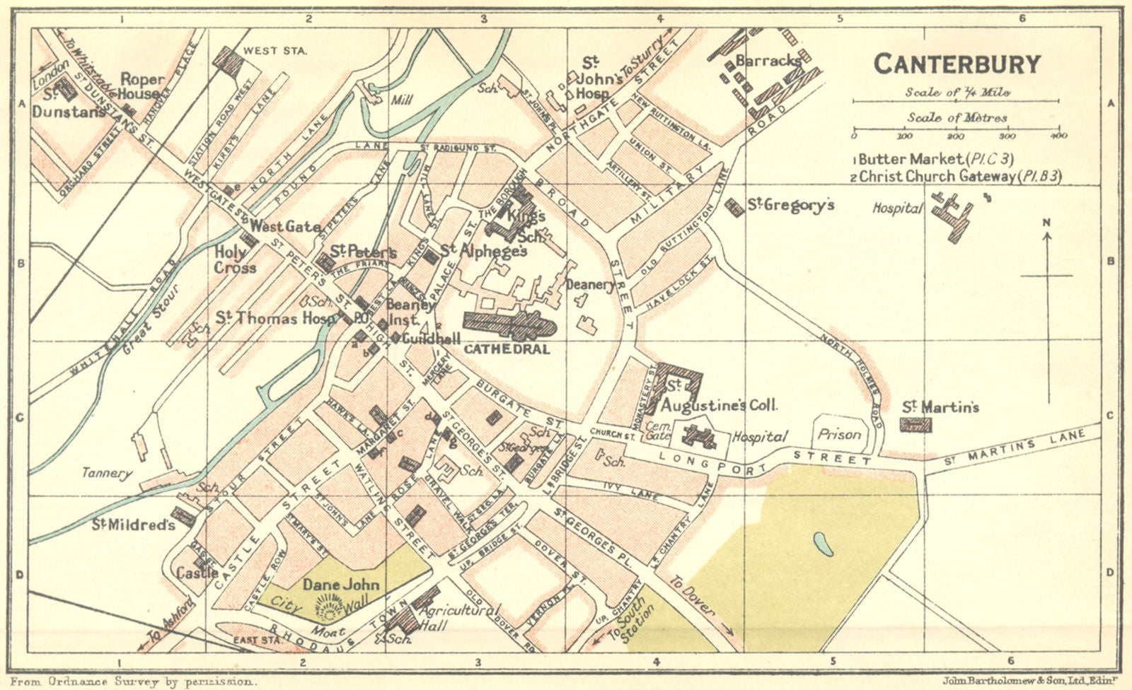 KENT. Canterbury Town Plan 1924 old antique vintage map chart